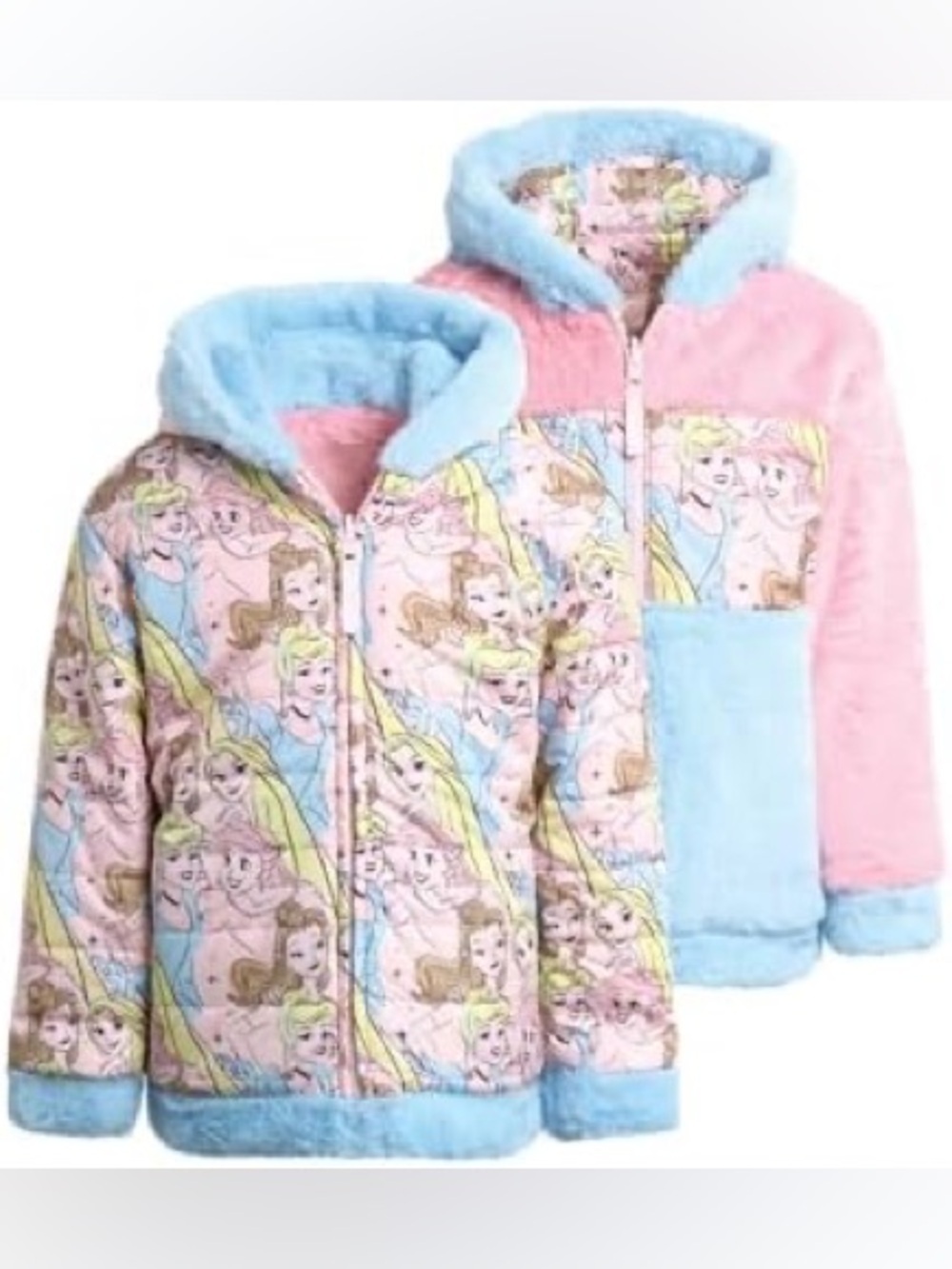 Disney Princess Reversible Faux Fur Fleece Hooded Winter Coat Girls Size 5/6